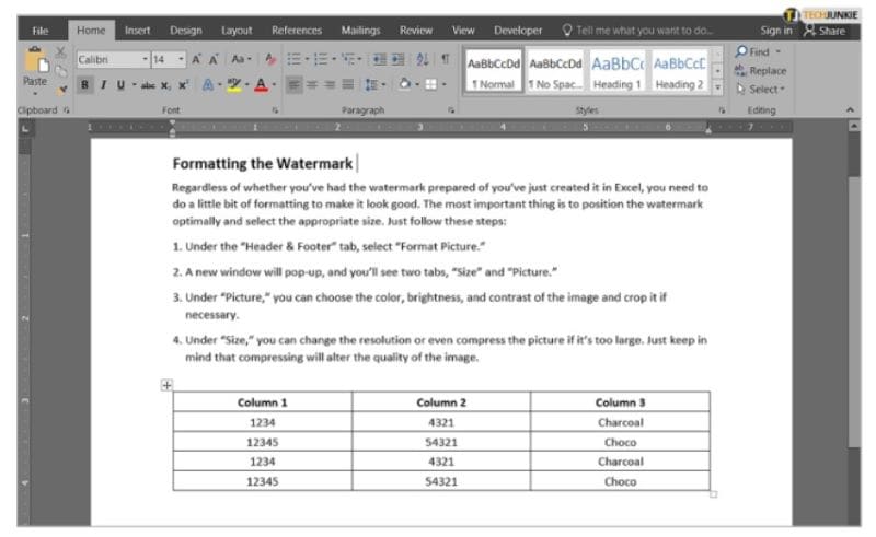 ms word table view