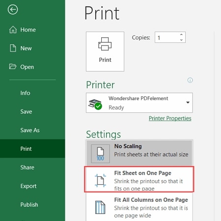 export excel to pdf in one page