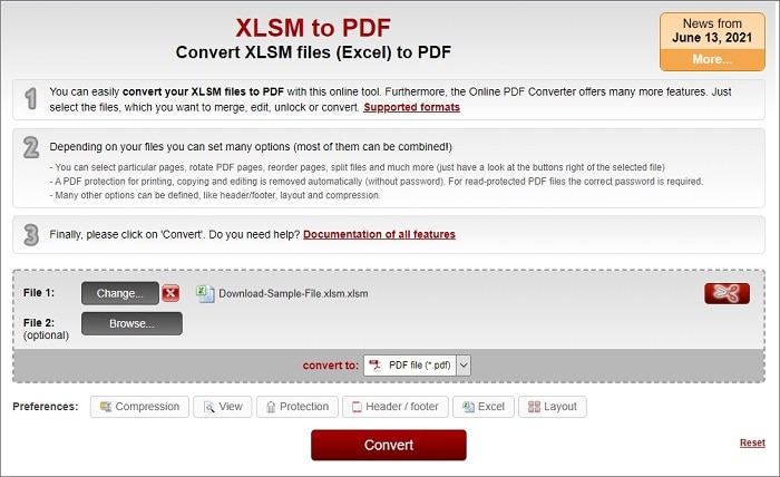 Converter XLSM em PDF On-line