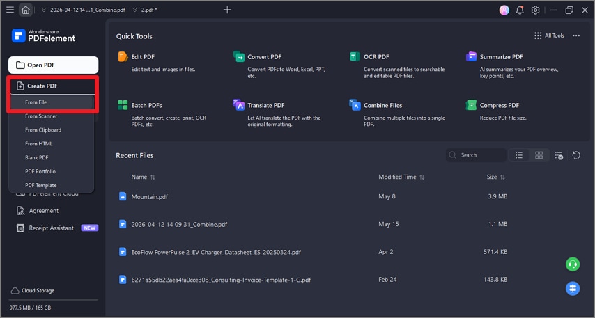 abrir PDFelement y crear PDF desde archivo
