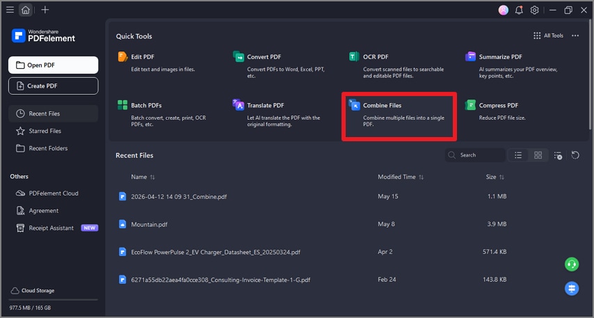 abrir PDFelement y elegir combinar archivos