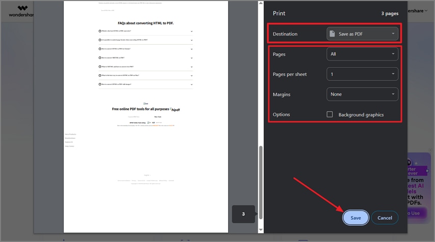Cuadro de impresión del navegador con la opción Guardar como PDF