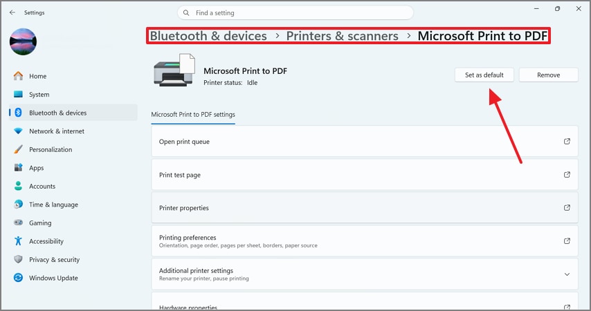 set print to pdf as default
