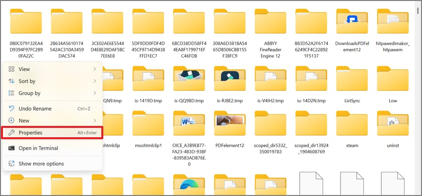 enter temp folder properties