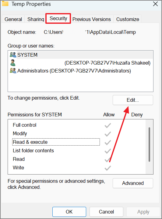 change temp security settings