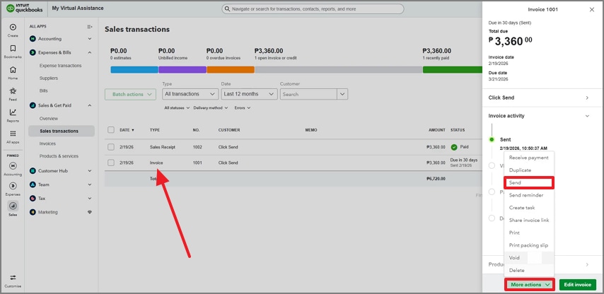 select invoice to send