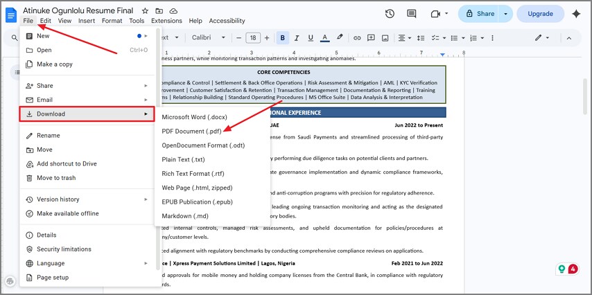descargar currículum de Google Docs como PDF