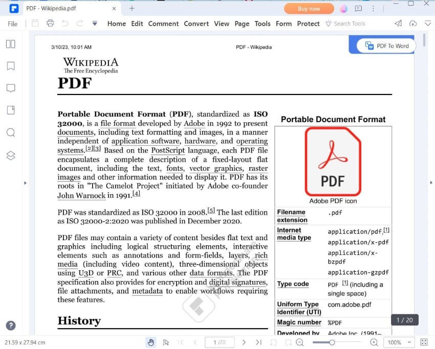Wikipedia-PDF geöffnet in PDFelement