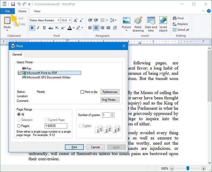 Save WordPad as PDF