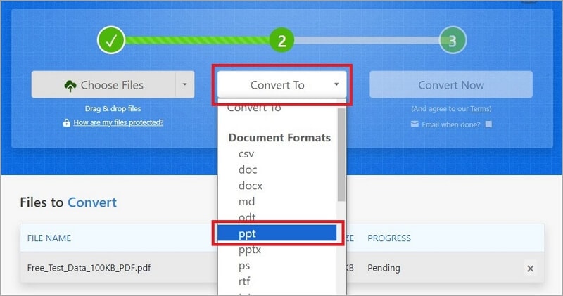 zamzar scegliere il formato di output ppt