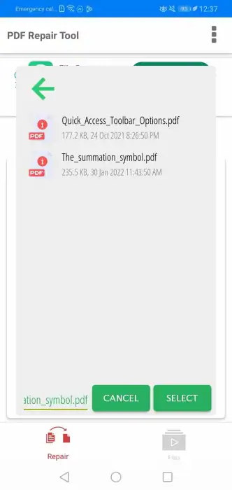 selecting the corrupted pdf too repair