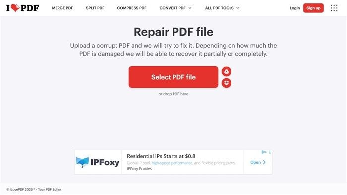 iLovePDF Repair PDF tool page
