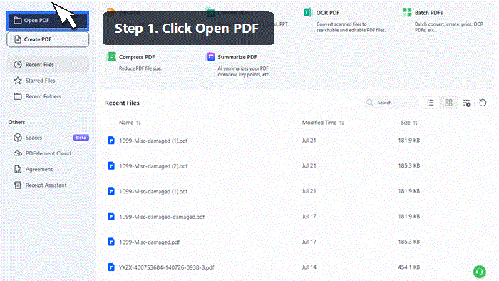 PDFelement workflow showing how to open a damaged PDF on desktop