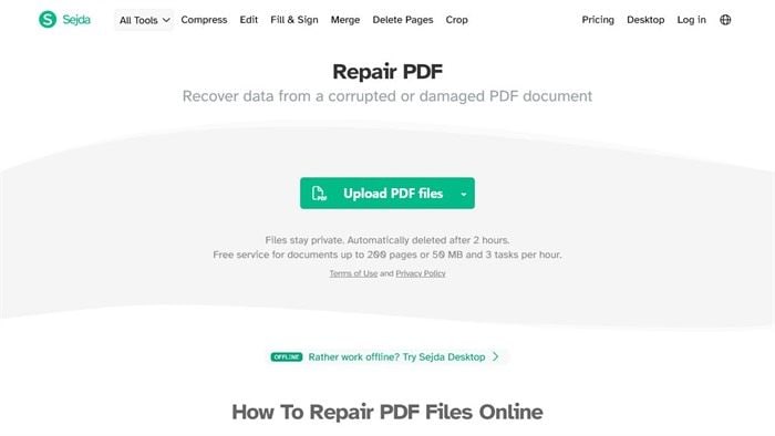 Sejda Repair PDF tool page