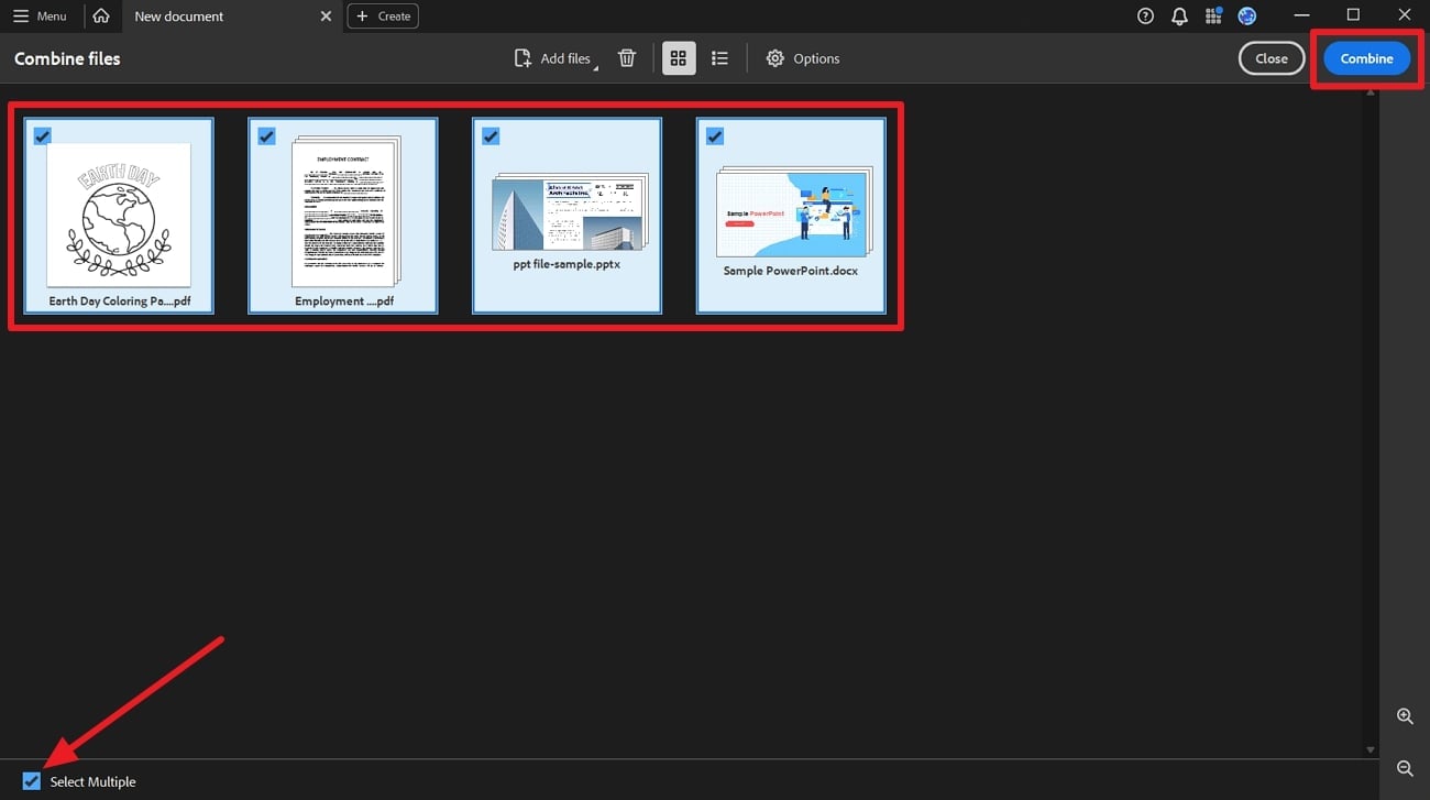 select multiple pdf files and combine