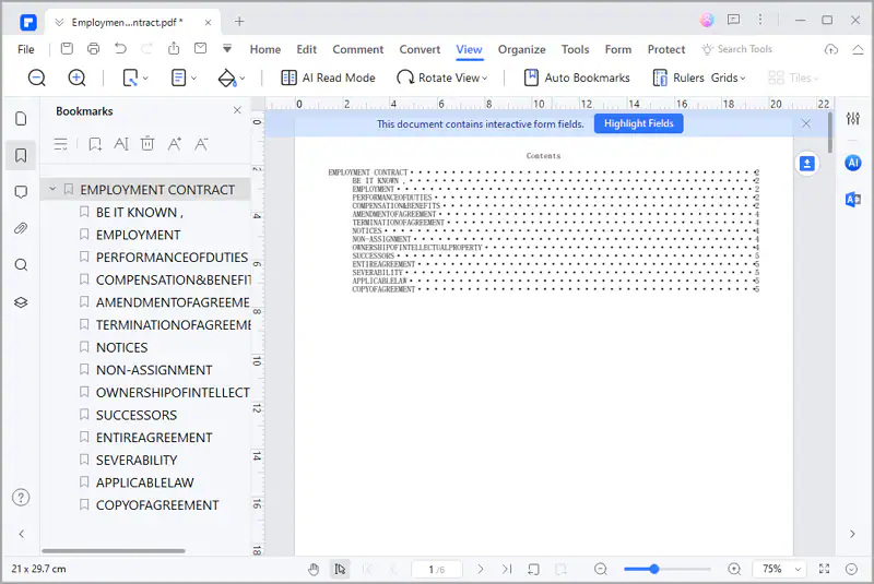 table of contents