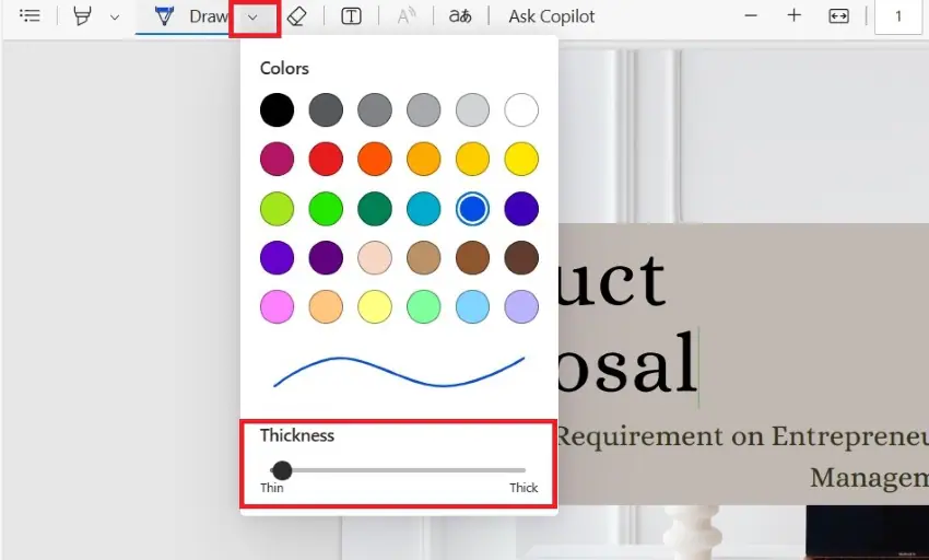 selecting pen color and line thickness