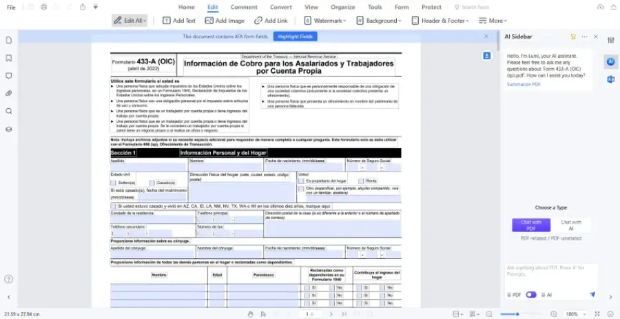 scheda di modifica di wondershare pdfelement