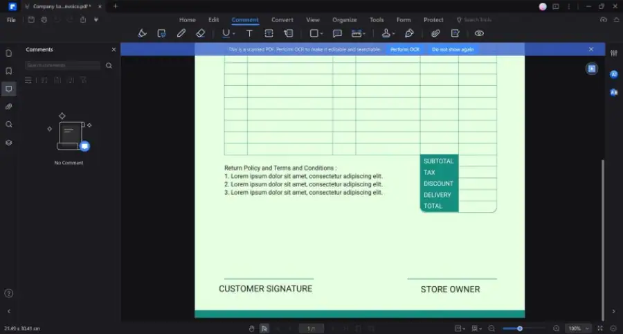 comment tab on wondershare pdfelement