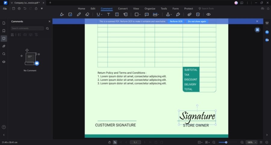 signing the invoice with digital signature