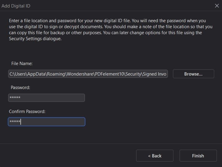 setting a password for the signature