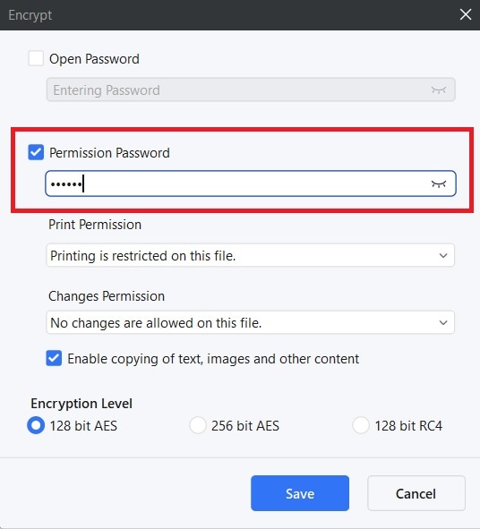 adding a permission password using pdfelement