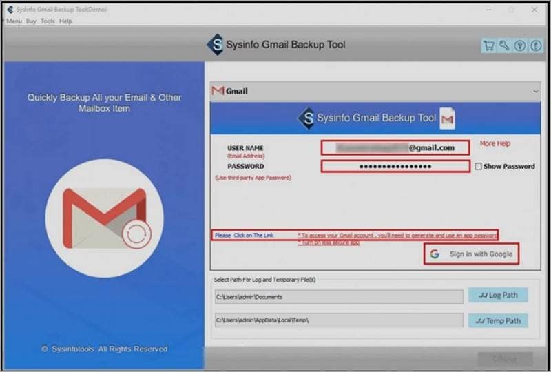 Eingabe der Gmail Zugangsdaten zum Backup Tool