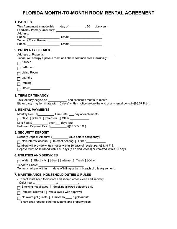Florida Room Rental Agreement