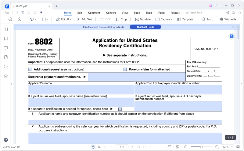 instructions for irs form 8802