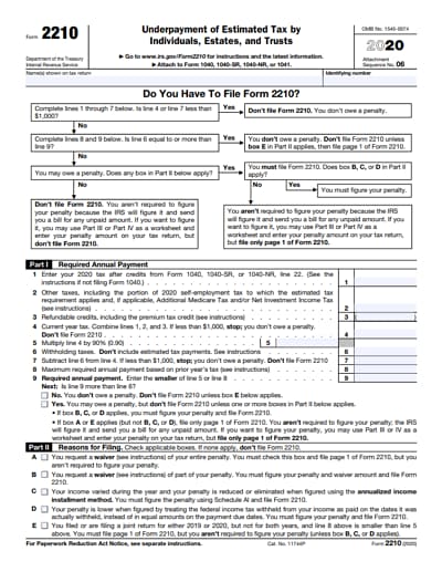 2210 tax form 2020