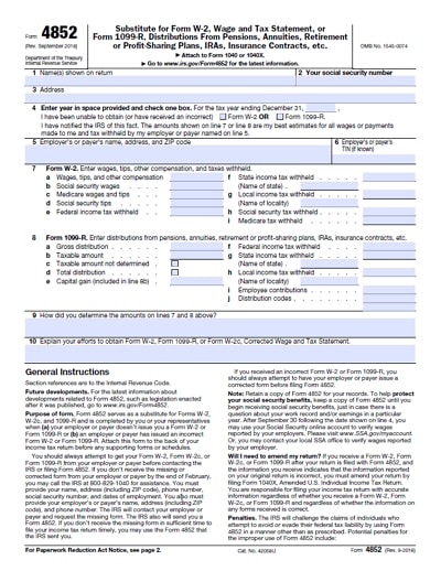 irs 4852 form 2018