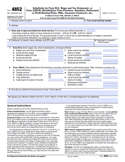 irs 4852 form 2019