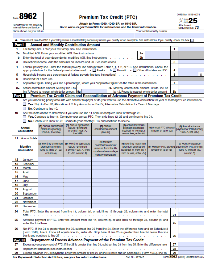 fillable 8962 tax form