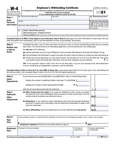 W-4 tax form 2021