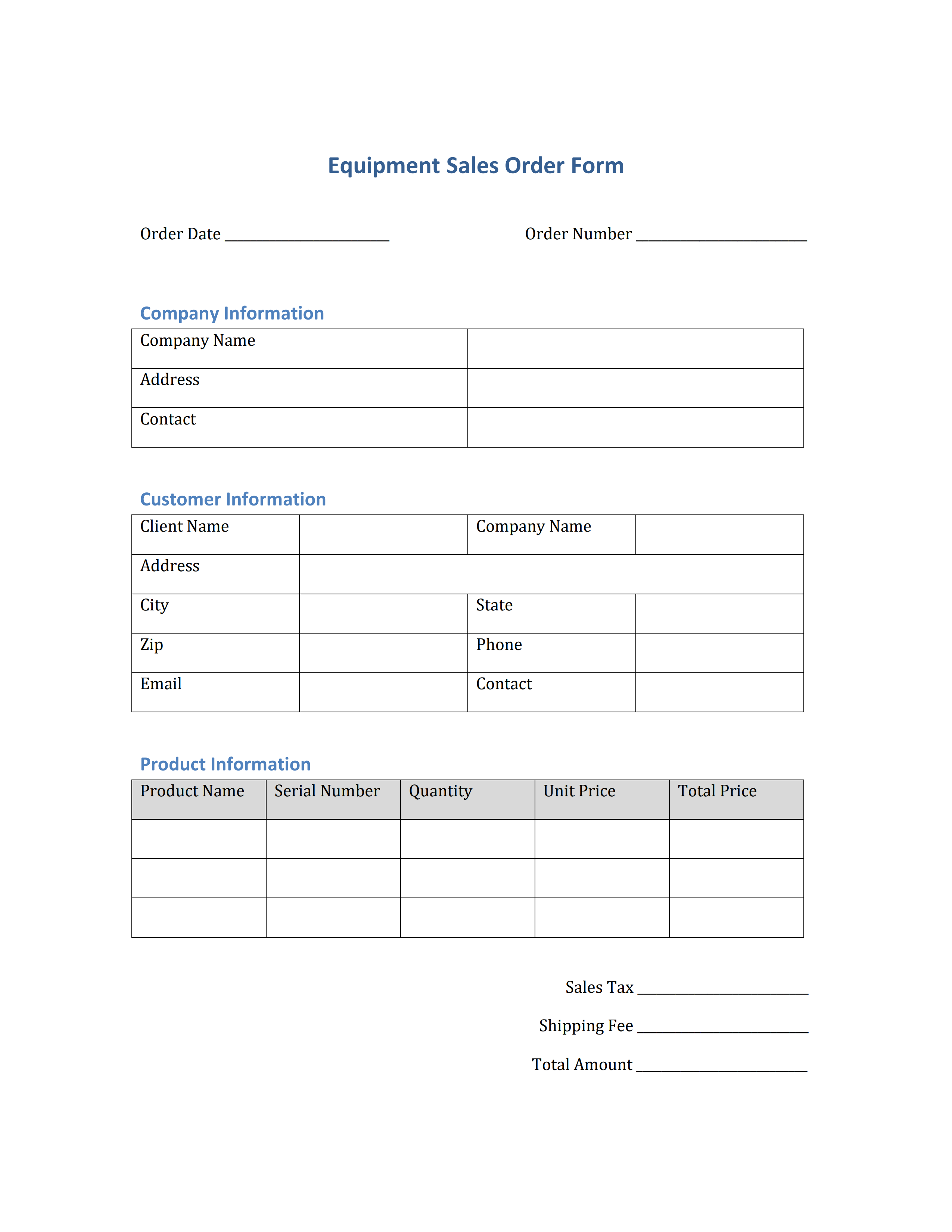 Equipment Sales Order Template