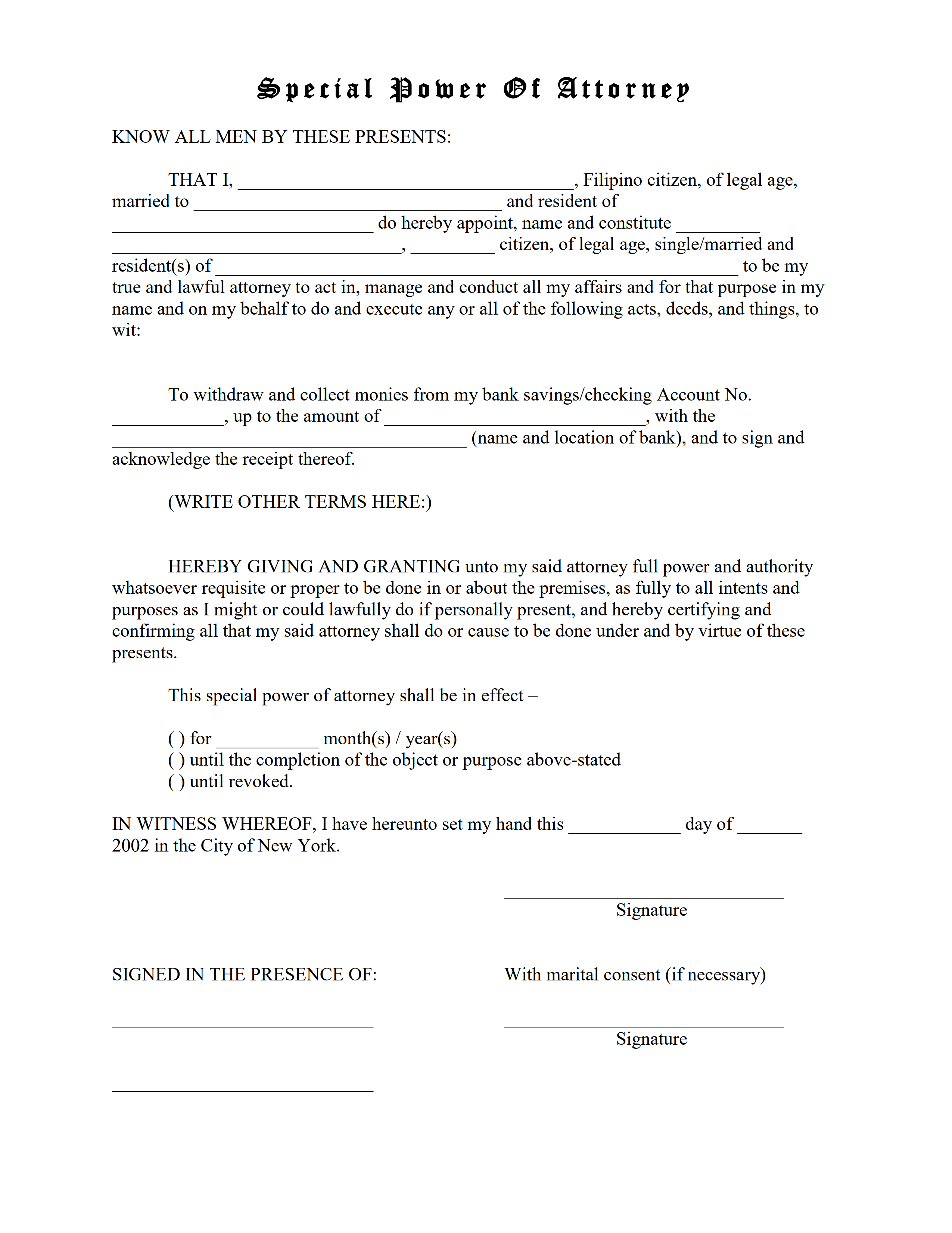 Special Power of Attorney for Bank Account