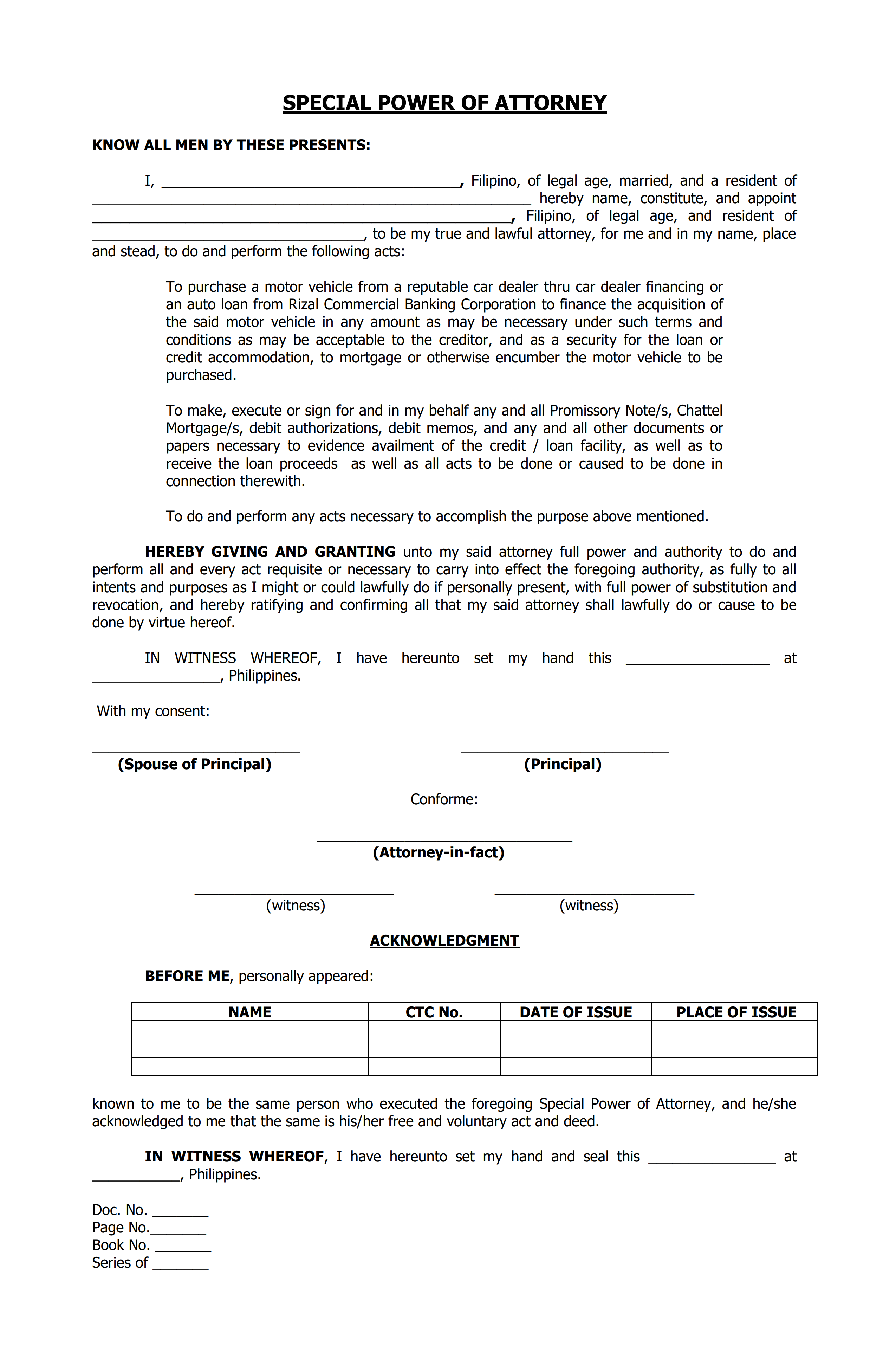 Special Power of Attorney Form for Car Loan