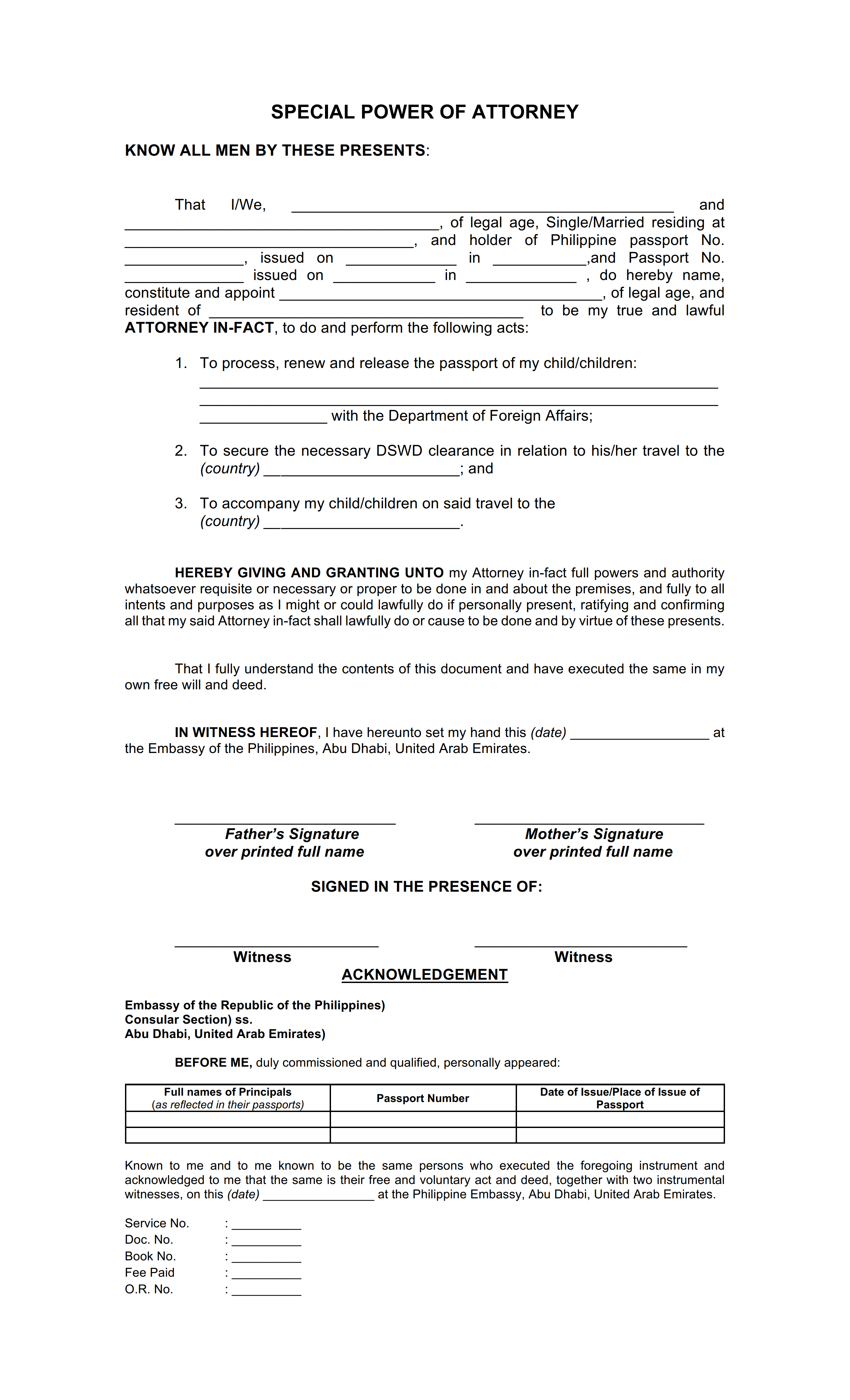 Special Power of Attorney Form for Minor Traveling
