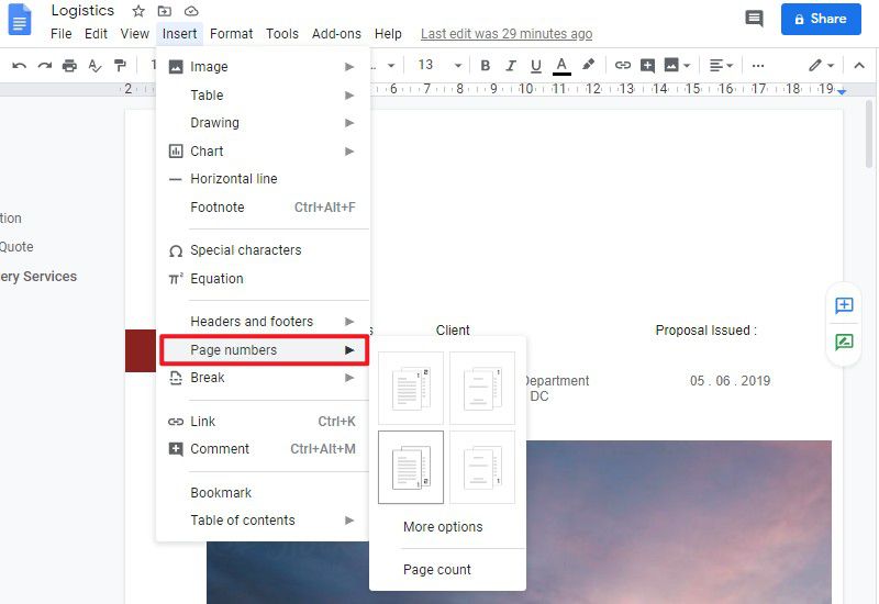 add page numbers in google docs