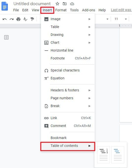 how to make a table of contents in google docs