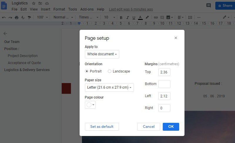 different margins on different pages google docs