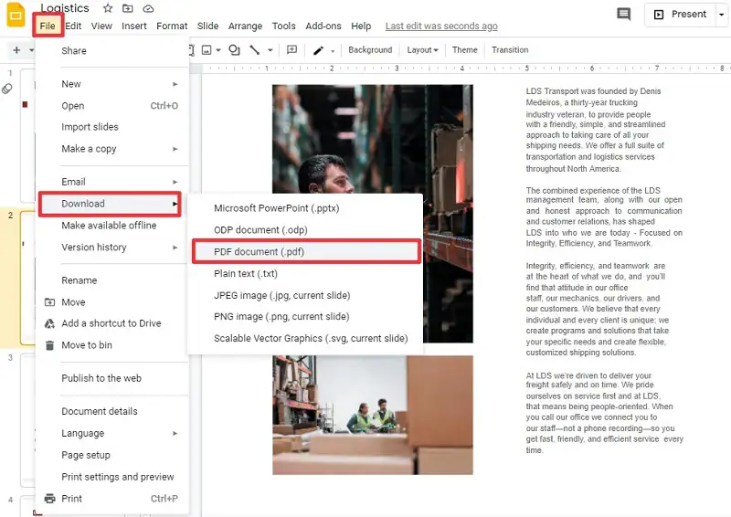 сохранить google slides в формате pdf