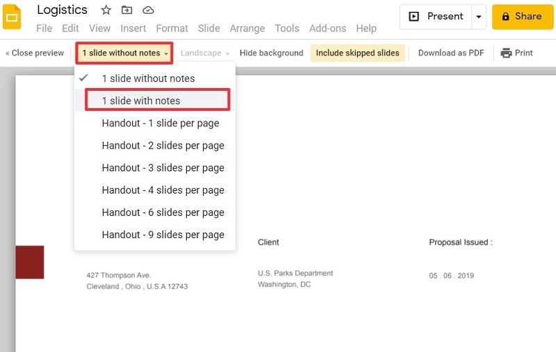 print google slides with notes