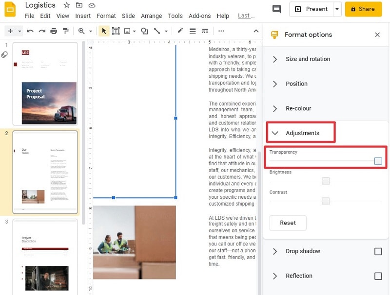 how to make an image transparent in Google Slides