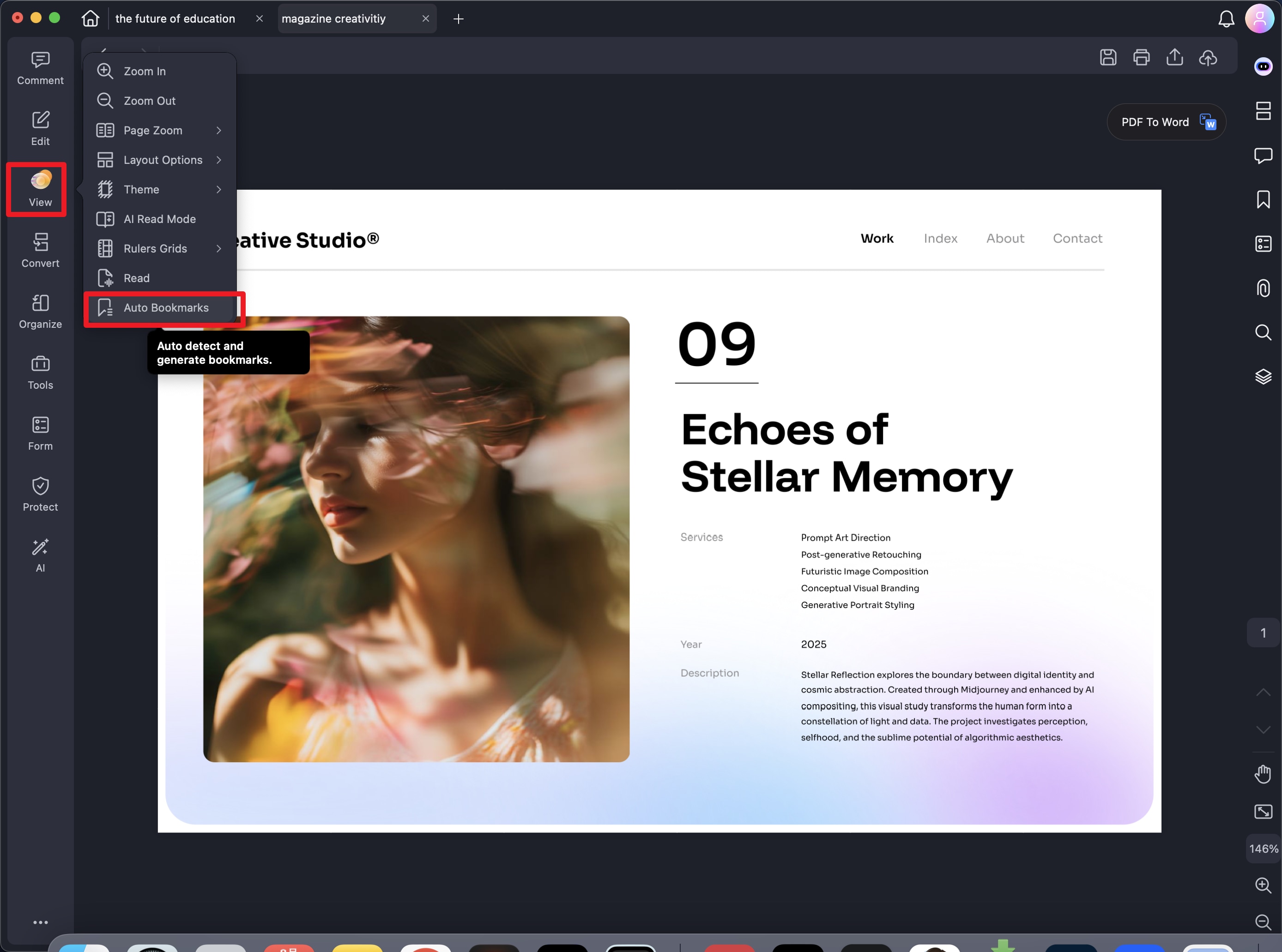 A screenshot of the application interface highlighting the Auto Bookmarks button.