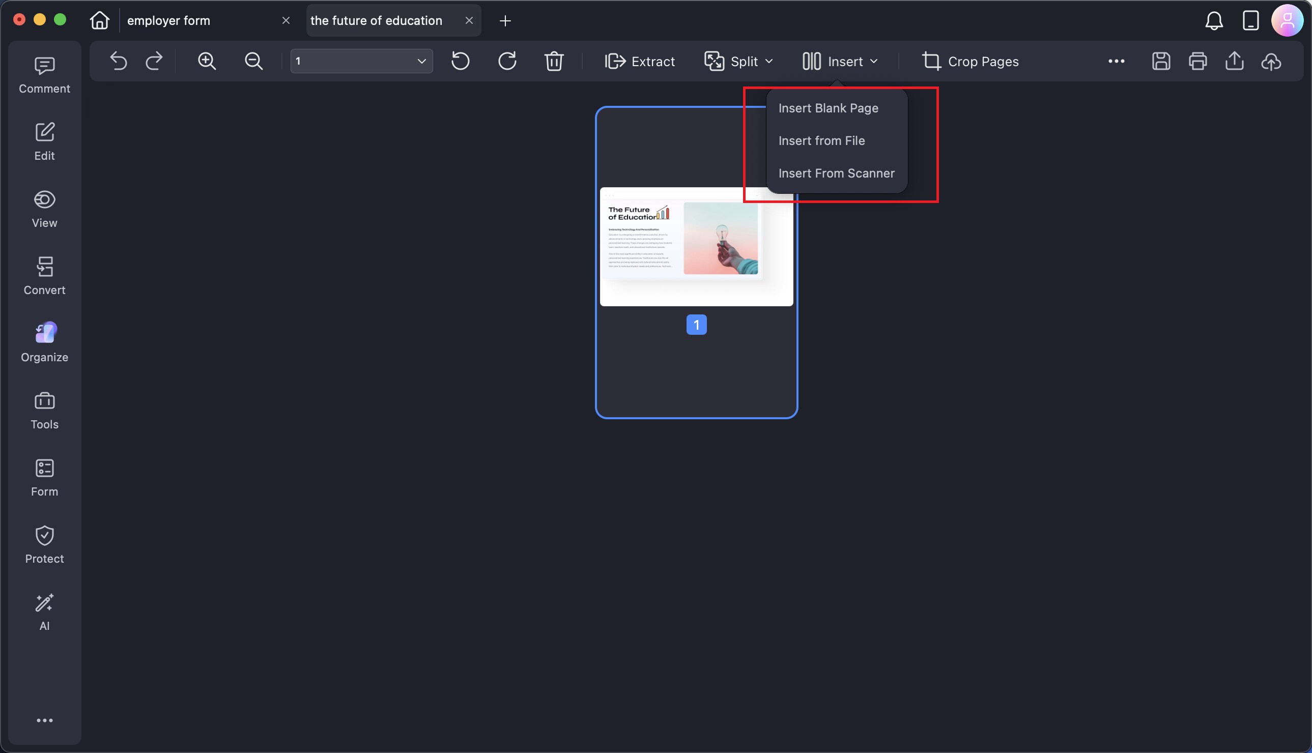 A screenshot of the organize menu highlighting the insert feature.