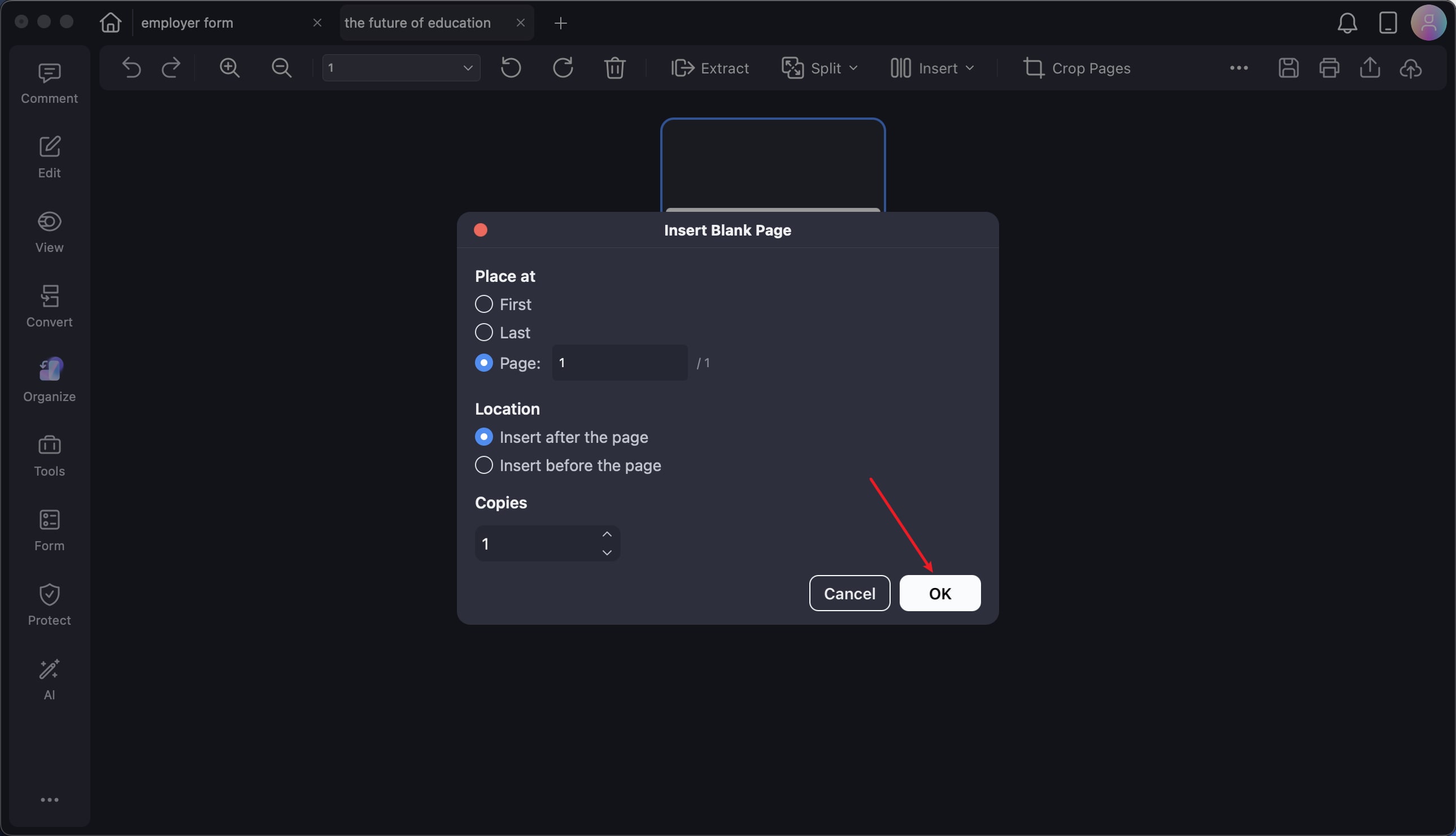 A screenshot of the insert panel showing the option to insert a blank page.