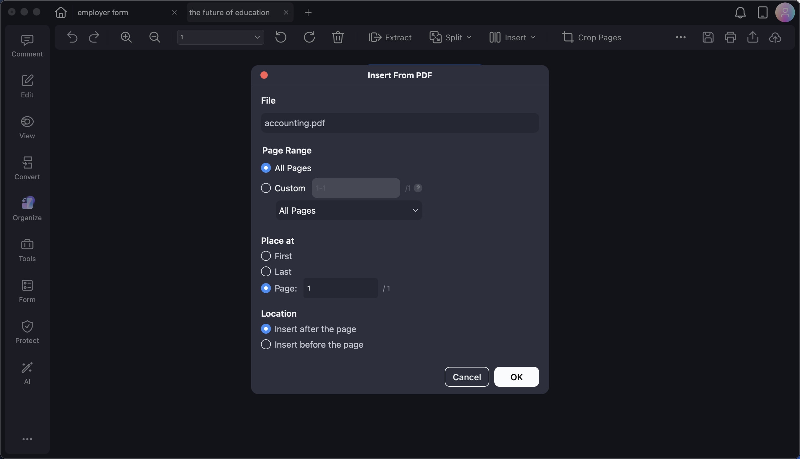 A screenshot of the insert panel displaying the option to add pages from a file.