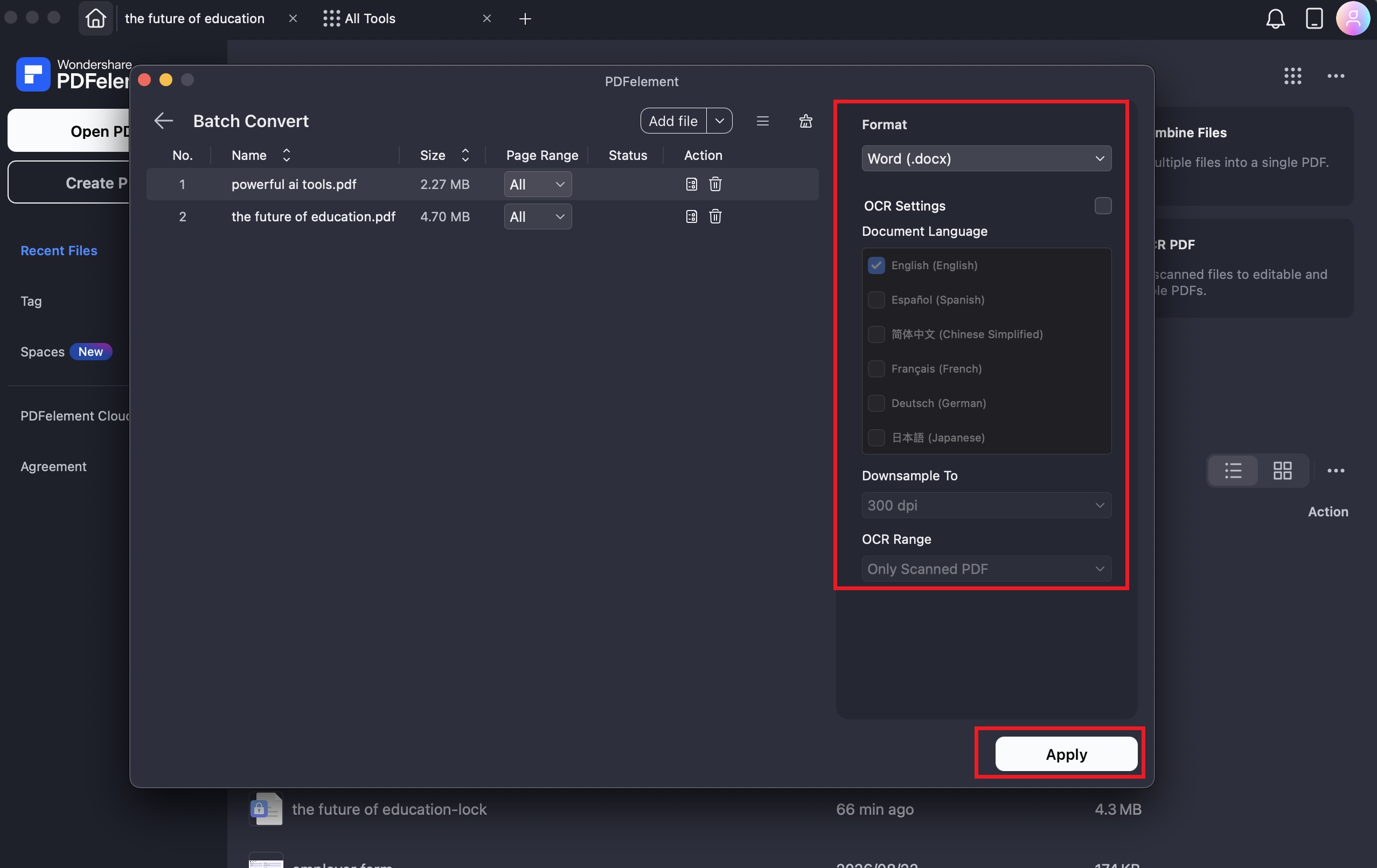 A screenshot of the OCR settings showing range selection.