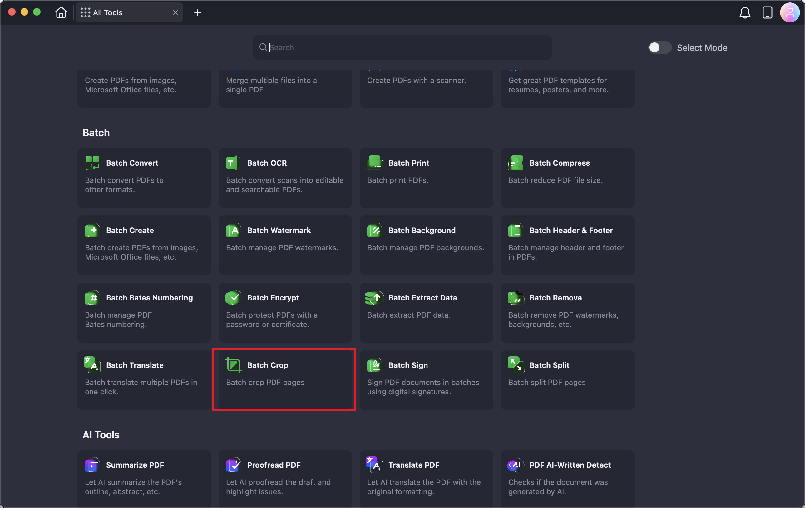 A screenshot of the homepage showing the batch crop tool.